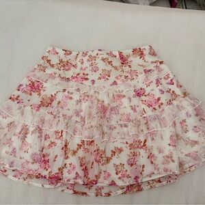 Francesca's Collections Pink and Cream Floral Ruffle Skater Skirt